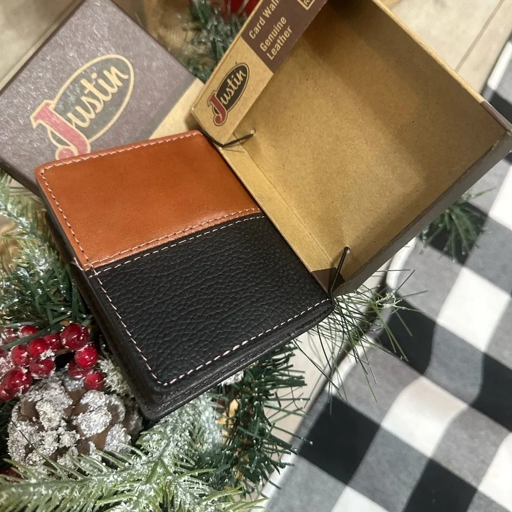 New Justin Boots Mens Leather Wallet Bi Fold Basketweave Card Wallet Brown Black